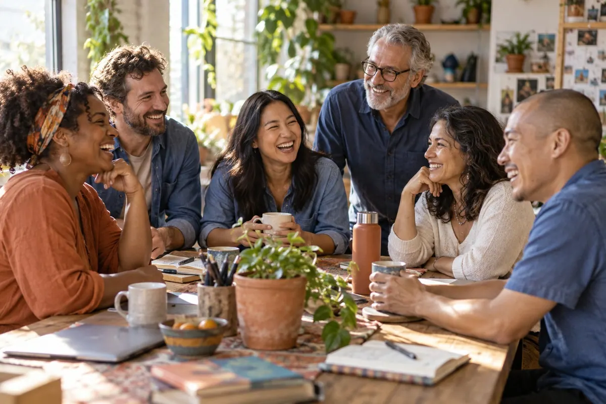 Members listening and connecting around a community table