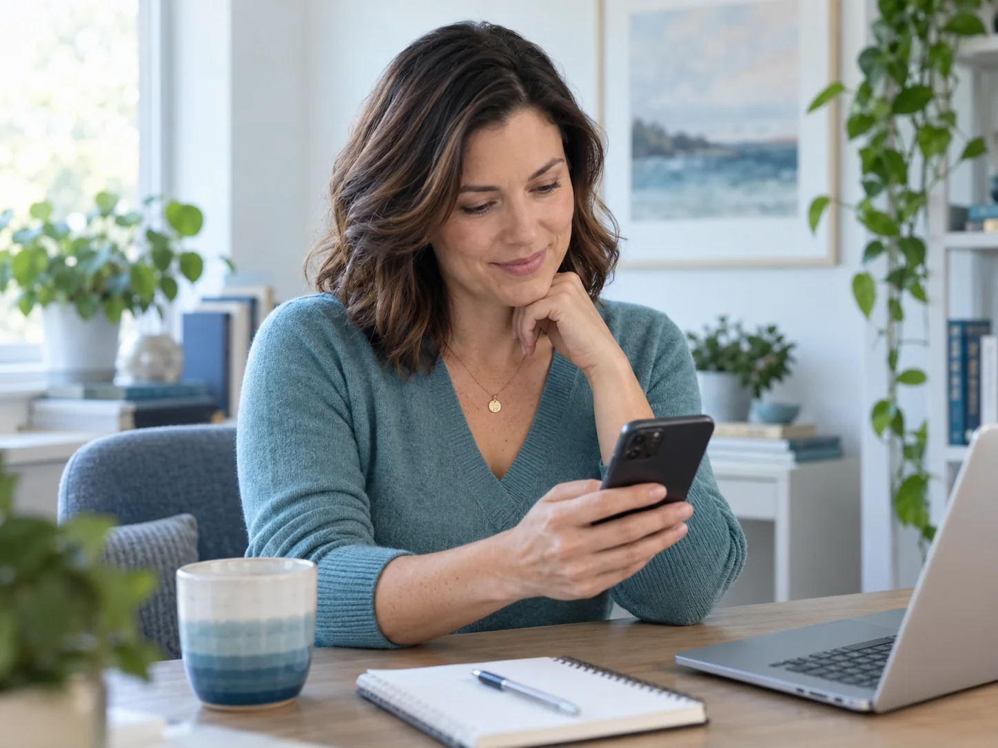 A woman reading her phone, looking thoughtful and reassured.